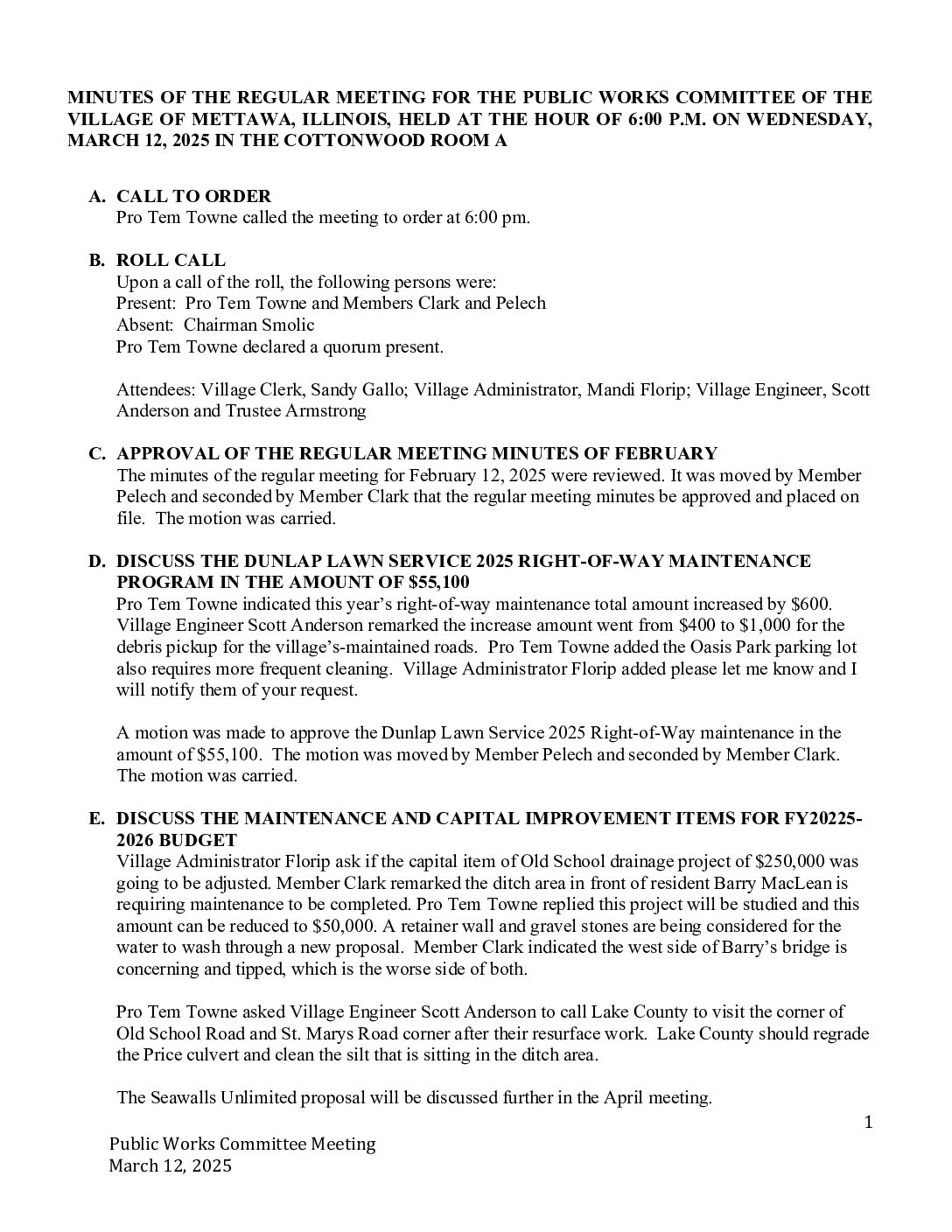 Read more about the article 2025-03-12 Public Works Committee Minutes