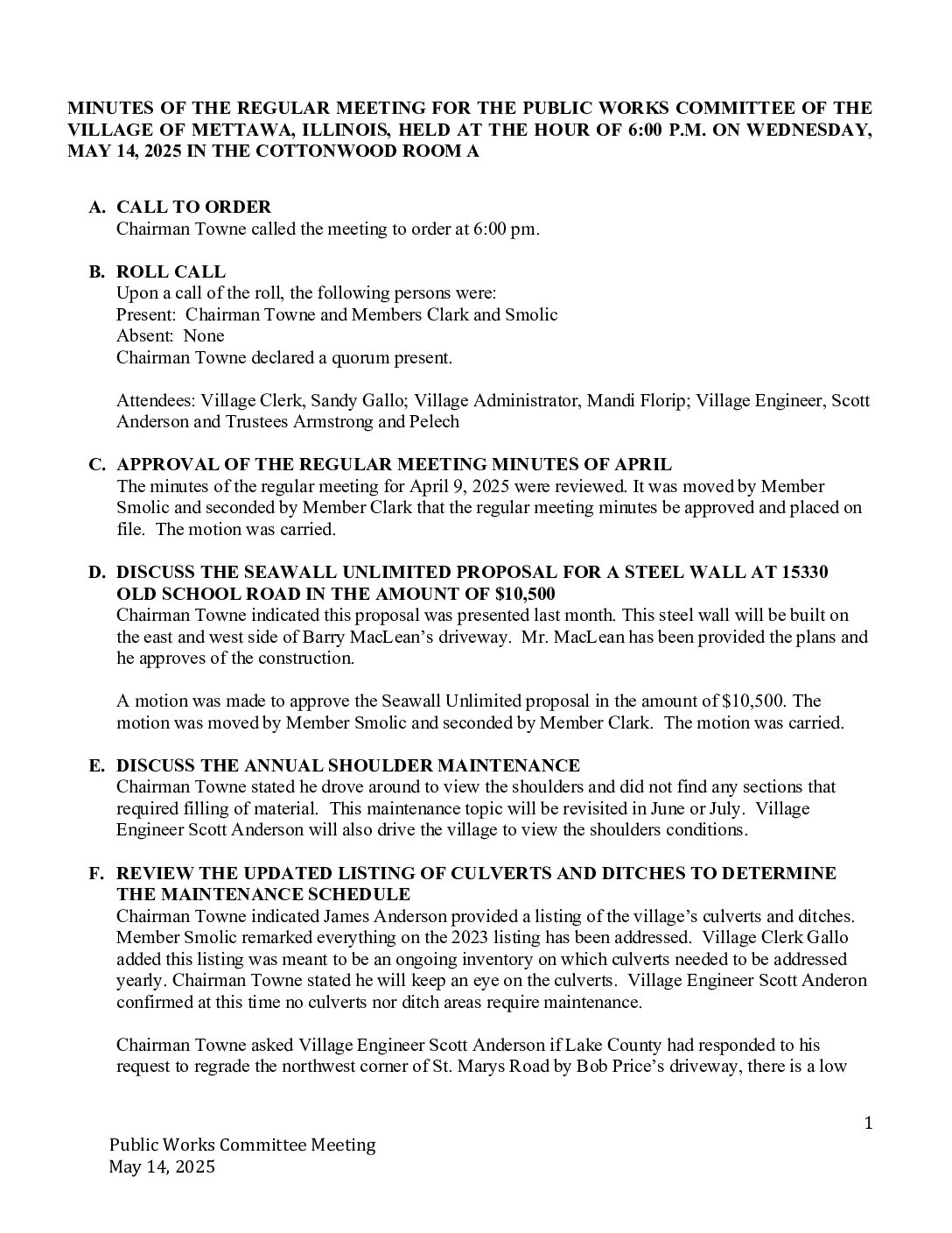 Read more about the article 2025-05-14 Public Works Committee Minutes