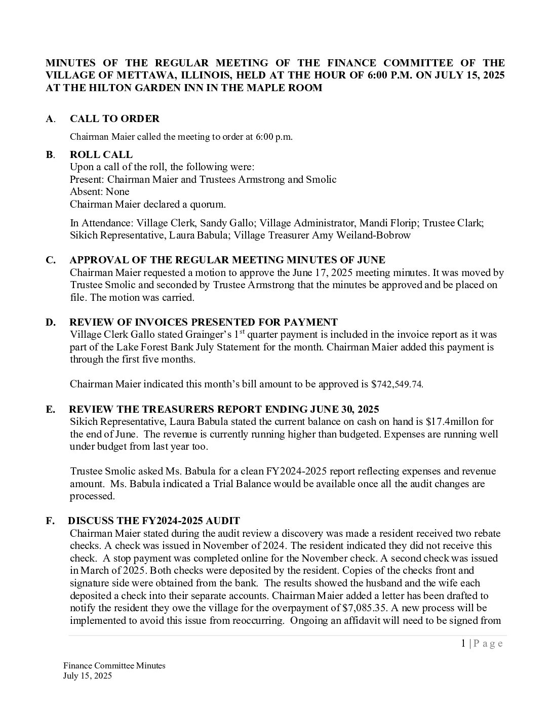 Read more about the article 2025-07-15 Finance Committee Minutes