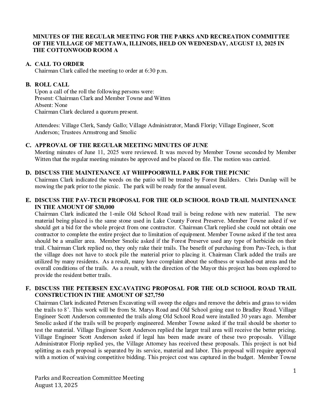Read more about the article 2025-08-13 Parks & Recreation Committee Minutes