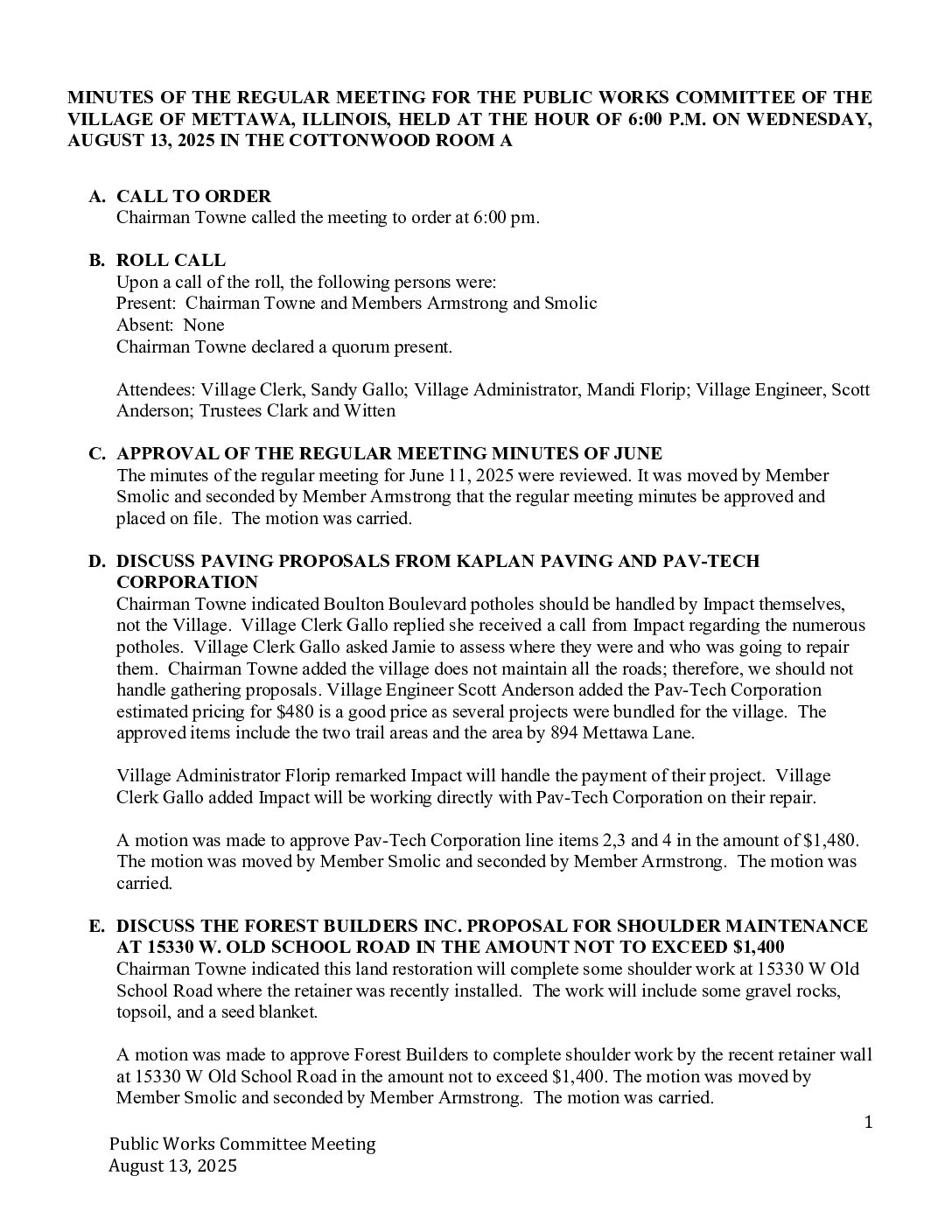 Read more about the article 2025-08-13 Public Works Committee Minutes
