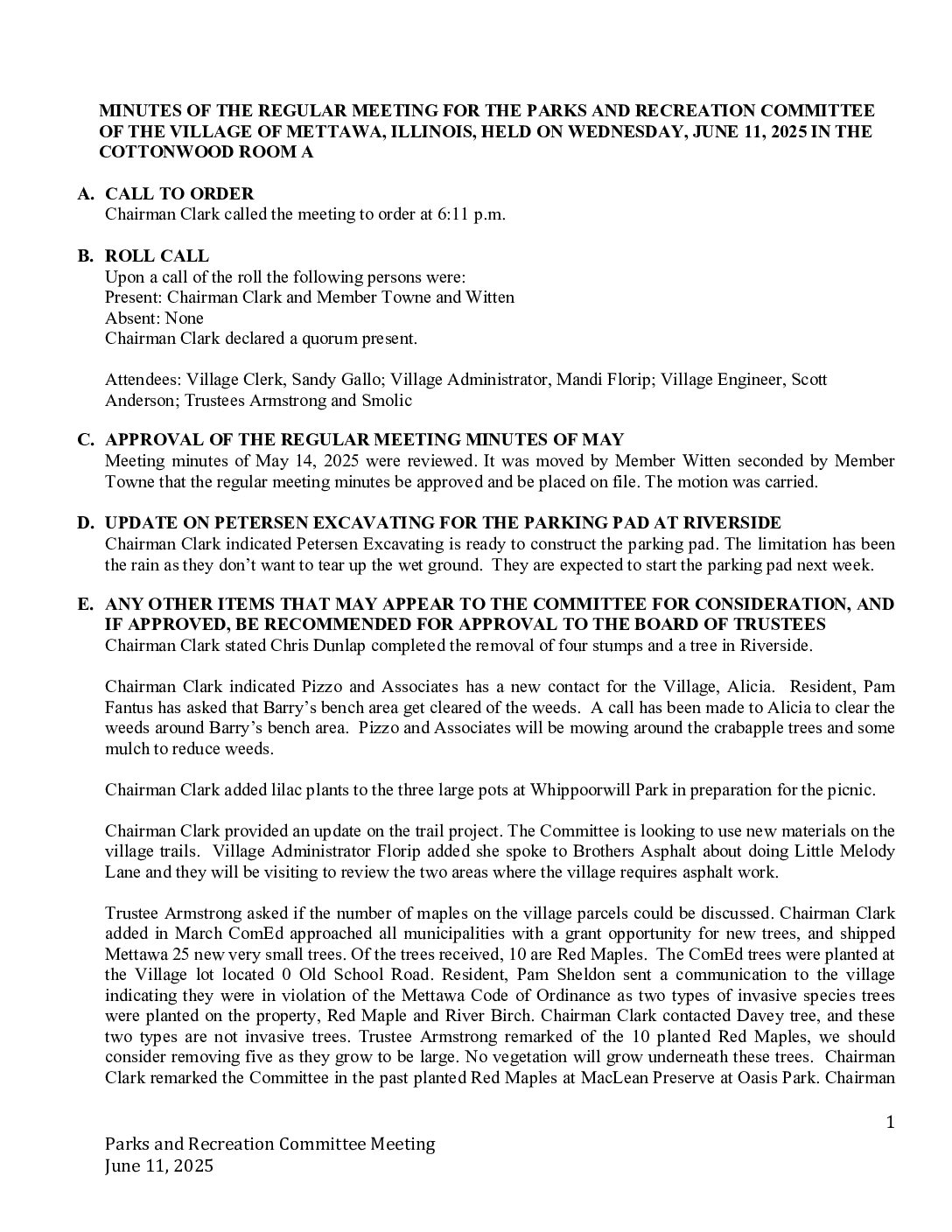 Read more about the article 2025-06-11 Parks & Recreation Committee Minutes