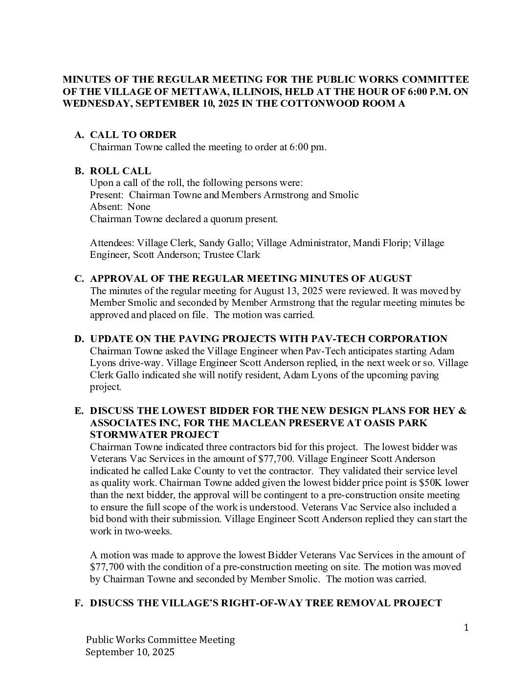 Read more about the article 2025-09-10 Public Works Committee Minutes