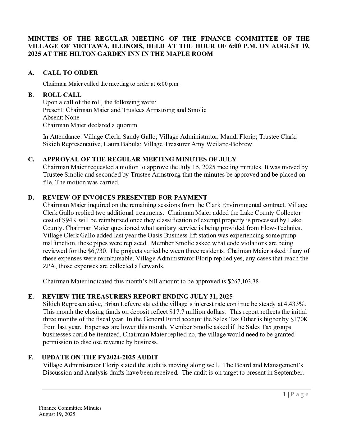Read more about the article 2025-08-19 Finance Committee Minutes