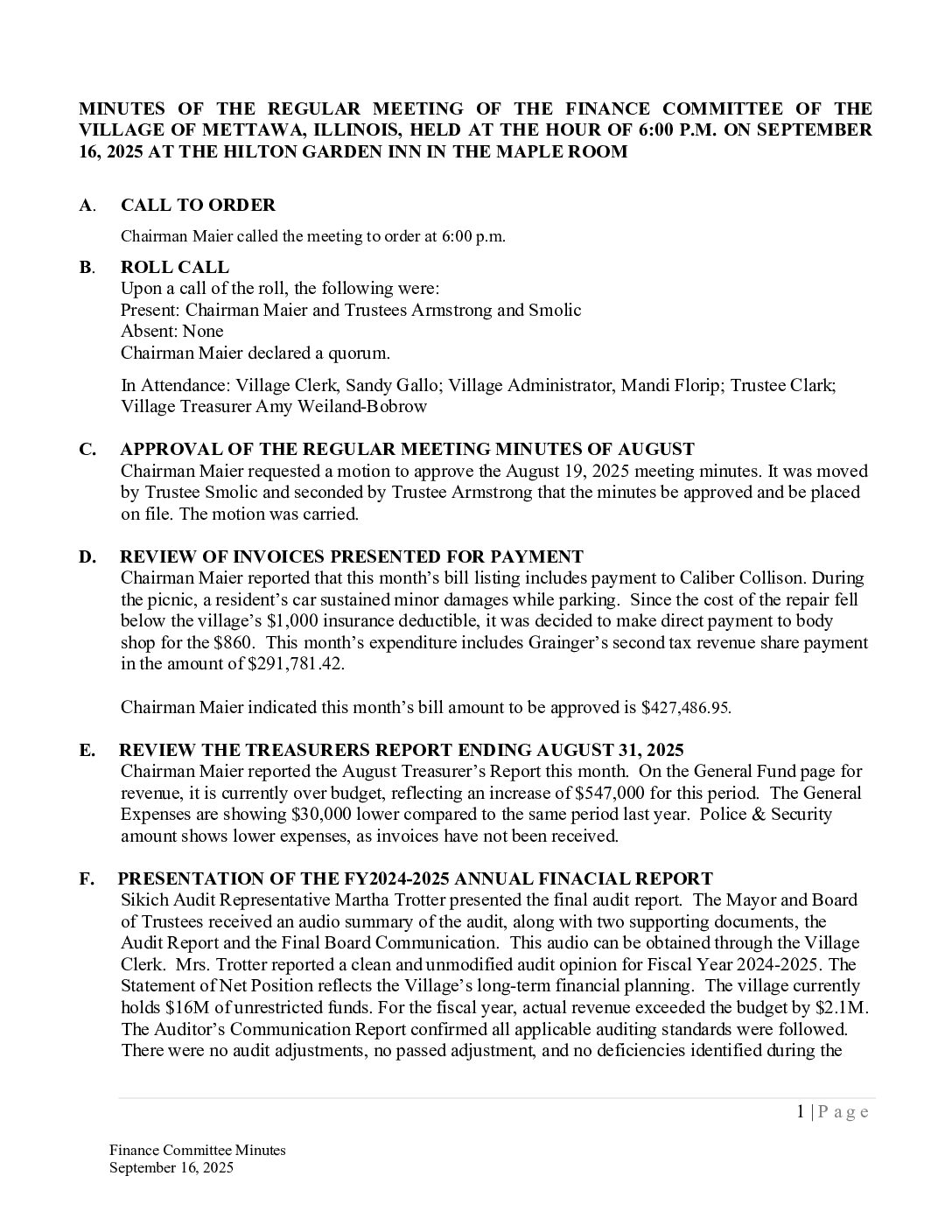 Read more about the article 2025-09-16 Finance Committee Minutes