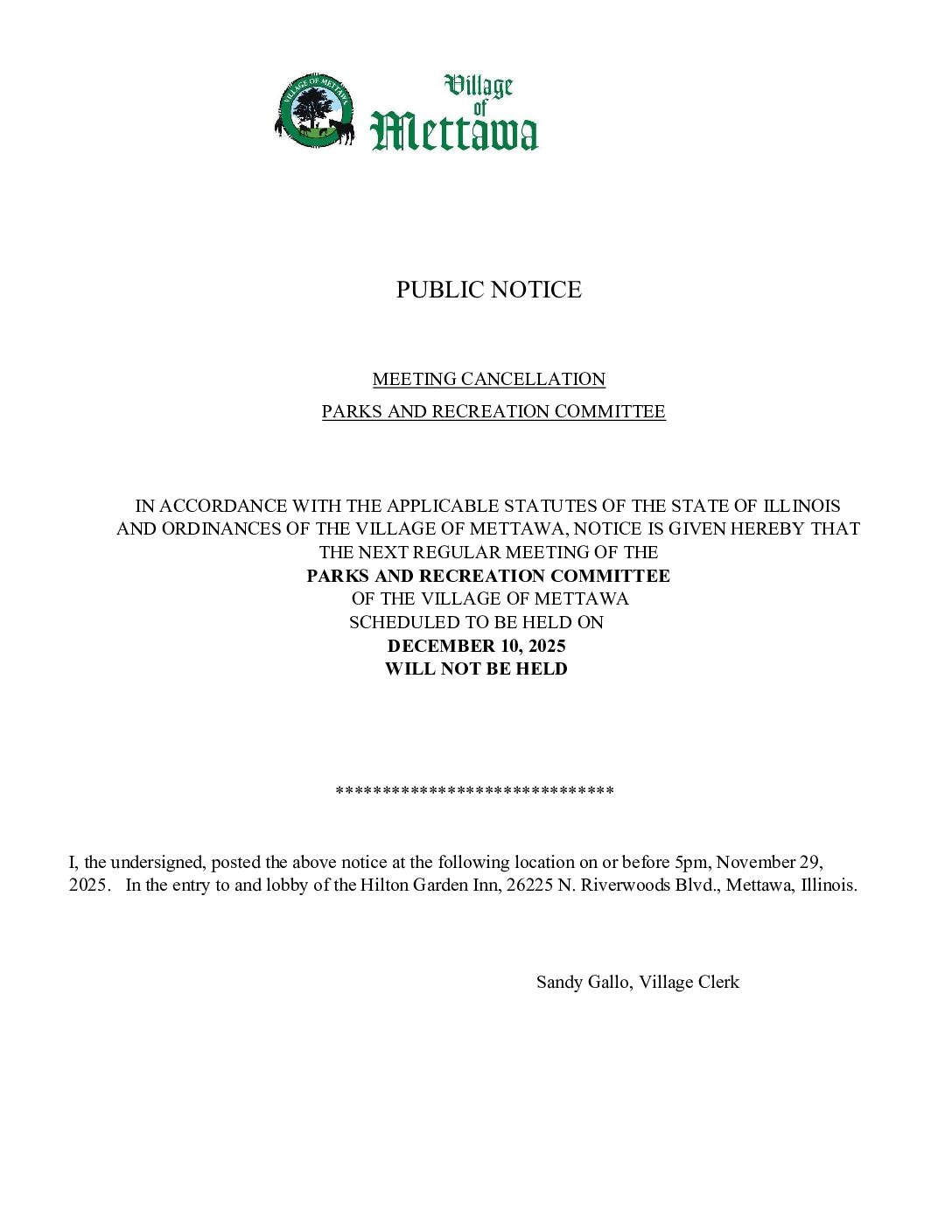 Read more about the article 2025-12-10 Parks & Recreation Committee Cancellation Notice