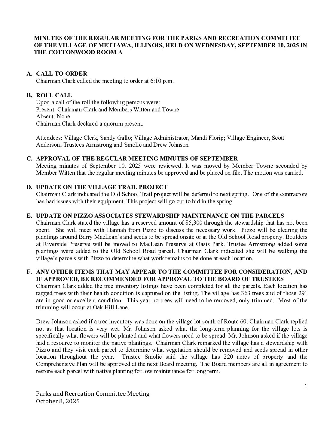 Read more about the article 2025-10-08 Parks & Recreation Committee Minutes