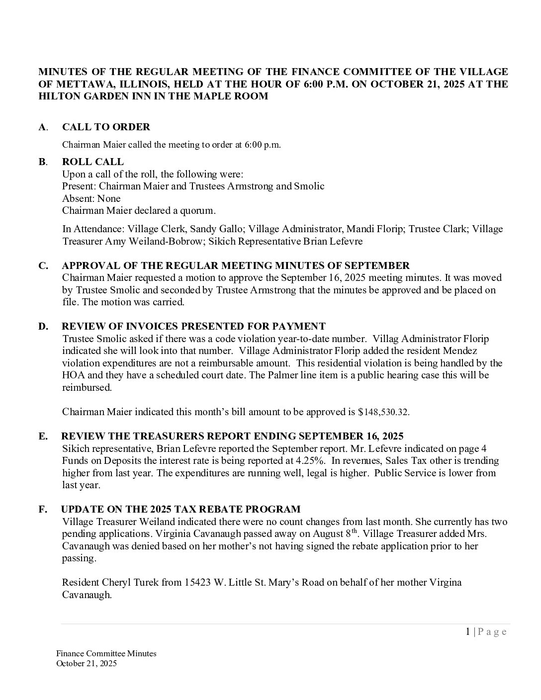 Read more about the article 2025-10-21Finance Committee Minutes