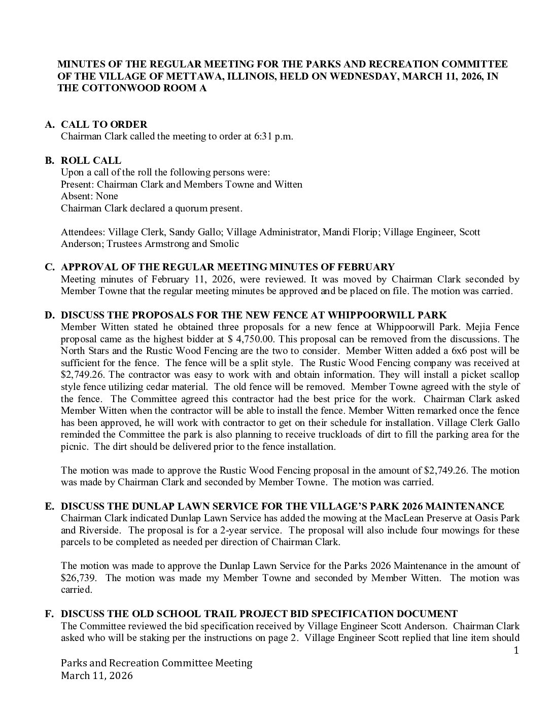 Read more about the article 2026-03-11 Parks & Recreation Committee Minutes