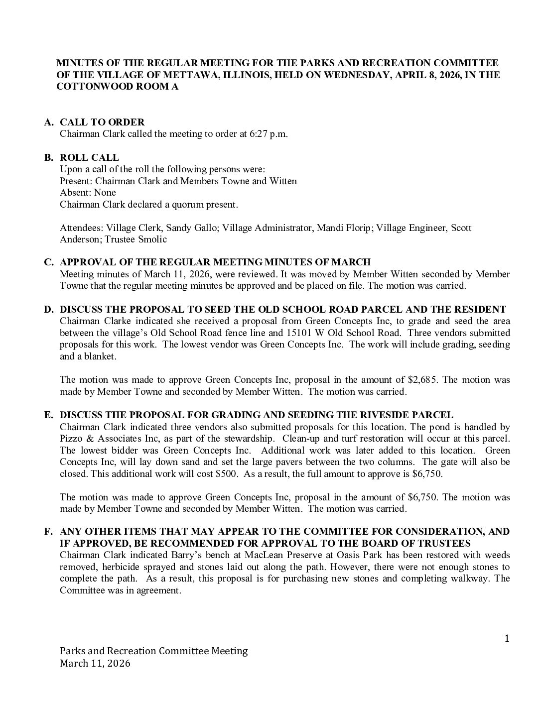 Read more about the article 2026-04-08 Parks & Recreation Committee Minutes
